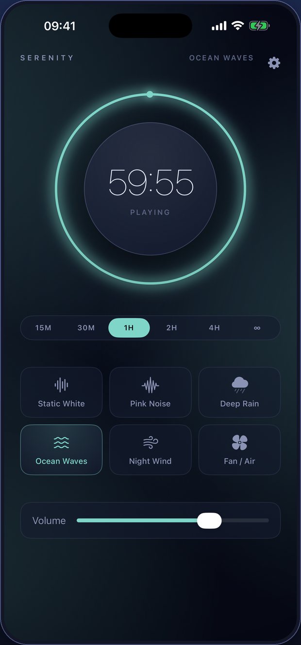 The main screen playing Ocean Waves, with 59 minutes 55 seconds remaining on a glowing green timer ring.