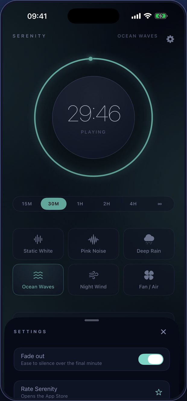 The settings sheet open, showing a Fade out toggle switched on and a Rate Serenity row.